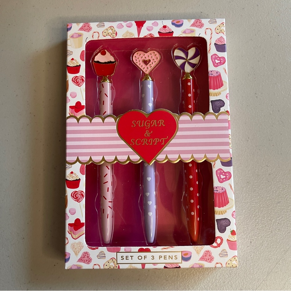 Sugar & Script set 3 pens with enamel charm cupcake, heart, peppermint swirl